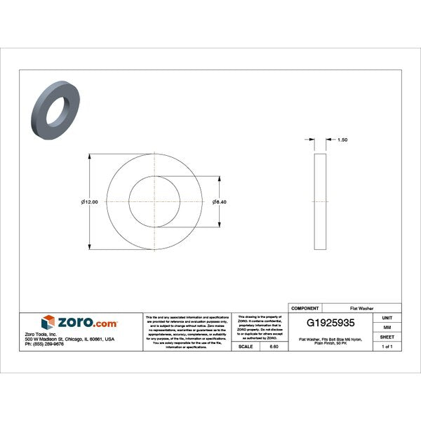 Flat Washer, Fits Bolt Size M6 , Nylon Plain Finish, 50 PK