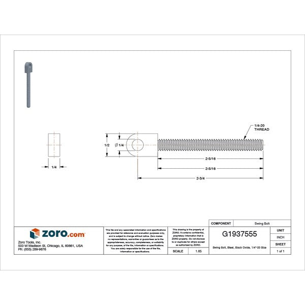 Swing Bolt, Steel, Black Oxide, 1/4
