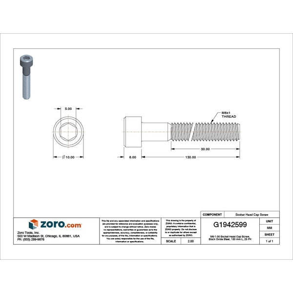 M6-1.00 Socket Head Cap Screw, Black Oxide Steel, 130 mm Length, 25 PK