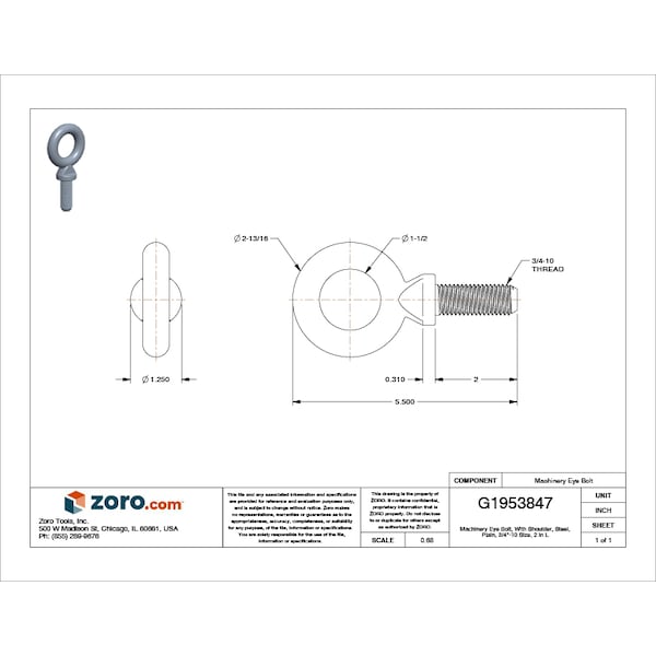 Machinery Eye Bolt With Shoulder, 3/4