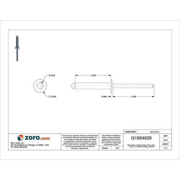 Blind Rivet, Dome Head, 3/16 in Dia., 1-5/64 in L, Aluminum Body, 250 PK