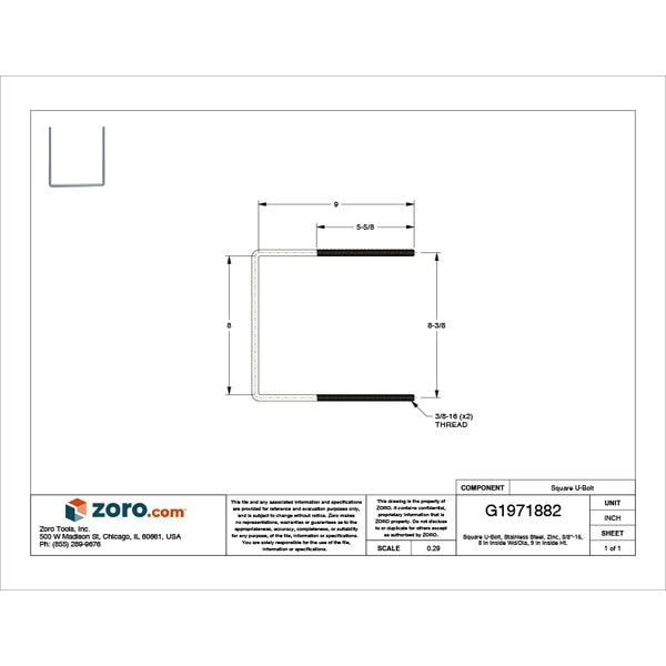 Square U-Bolt, 3/8