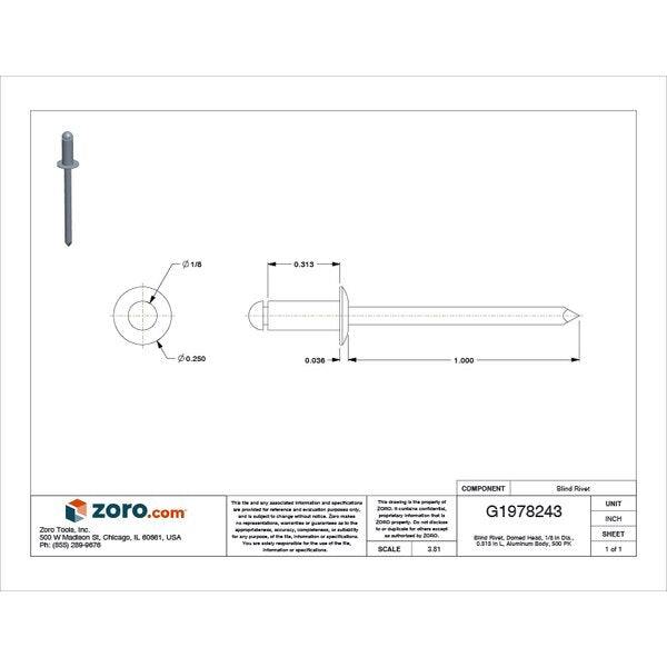 Blind Rivet, Dome Head, 1/8 in Dia., 5/16 in L, Aluminum Body, 500 PK