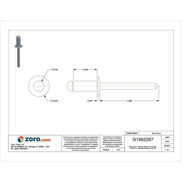 Blind Rivet, Dome Head, 3/16 in Dia., 27/64 in L, Aluminum Body, 500 PK