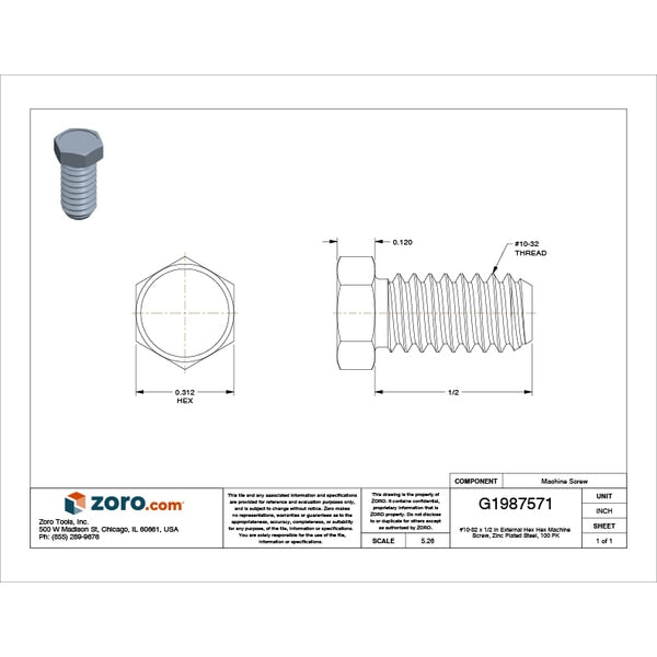 #10-32 x 1/2 in Hex Hex Machine Screw, Zinc Plated Steel, 100 PK