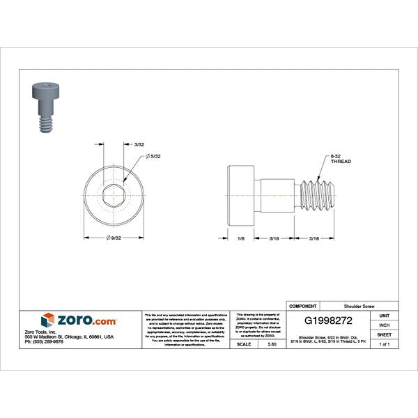 Self-Locking Precision Shoulder Screw, #6-32 Thr Sz, 3/16 in Thr Lg, 3/16 in Shoulder Lg, 5 PK