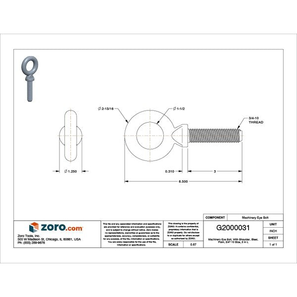 Machinery Eye Bolt With Shoulder, 3/4