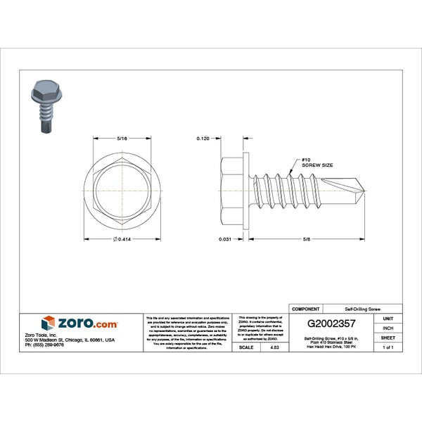 Self-Drilling Screw, #10 x 5/8 in, Plain 410 Stainless Steel Hex Head Hex Drive, 100 PK