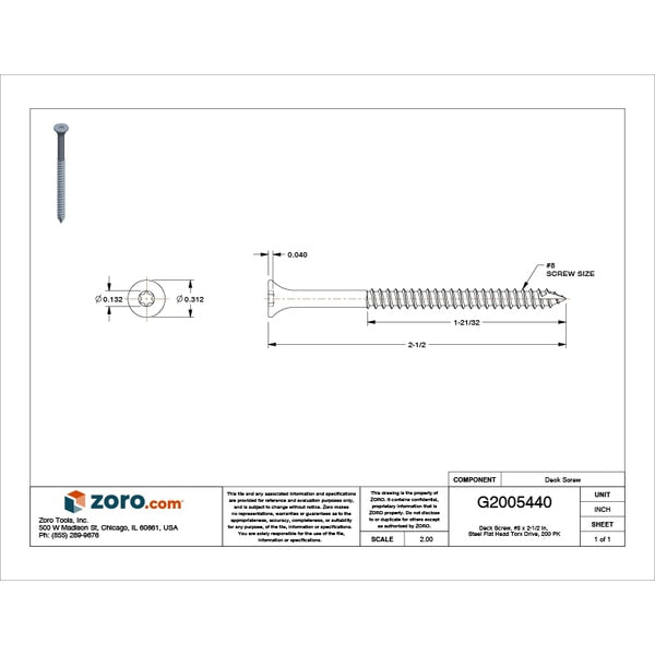 Deck Screw, #8 x 2-1/2 in, Steel, Flat Head, Torx Drive, 200 PK