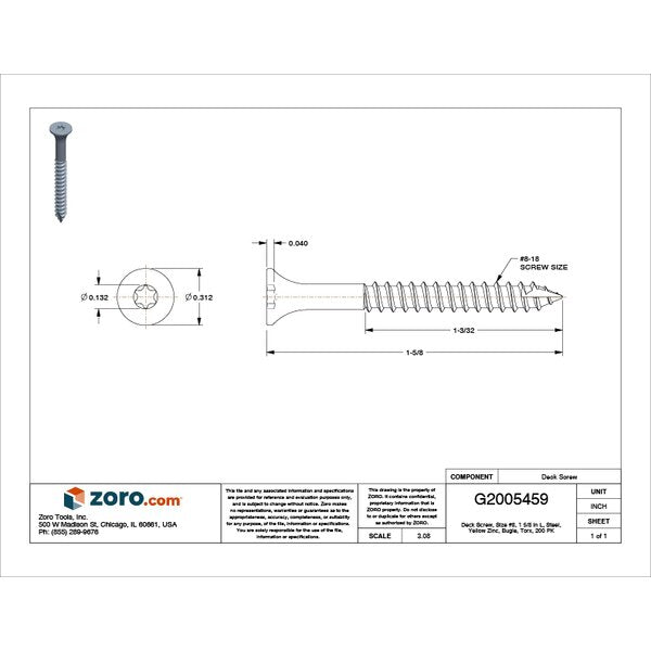 Deck Screw, #8 x 1-5/8 in, Steel, Flat Head, Torx Drive, 200 PK