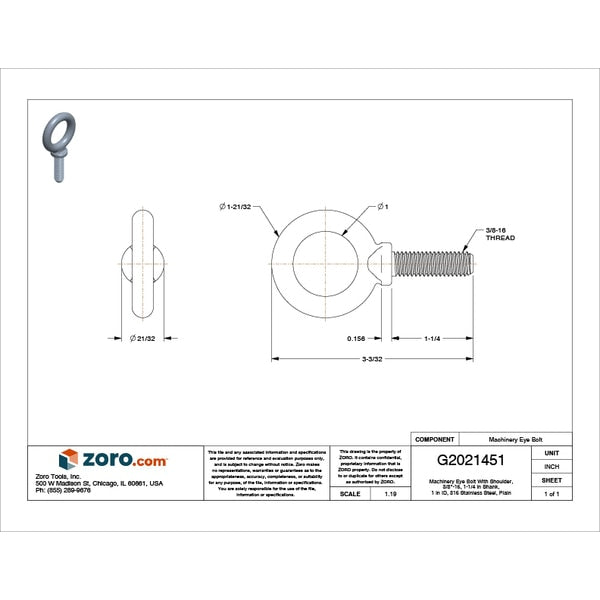 Machinery Eye Bolt With Shoulder, 3/8