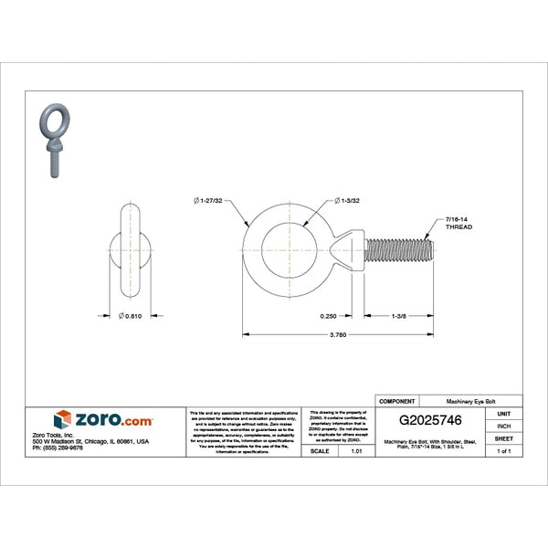 Machinery Eye Bolt With Shoulder, 7/16