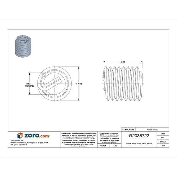 Tanged Helical Insert, Free-Running, M6-1.00 Thrd Sz, 18-8 Stainless Steel, 100 PK