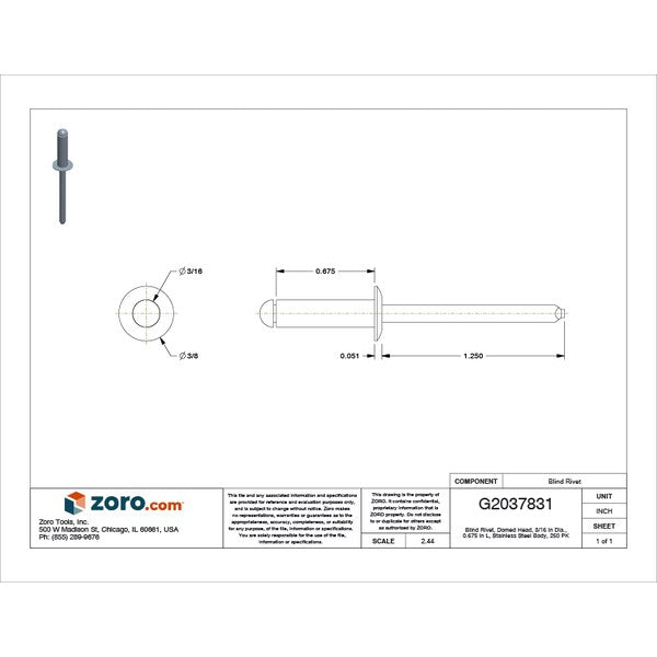 Blind Rivet, Dome Head, 3/16 in Dia., 43/64 in L, Stainless Steel Body, 250 PK