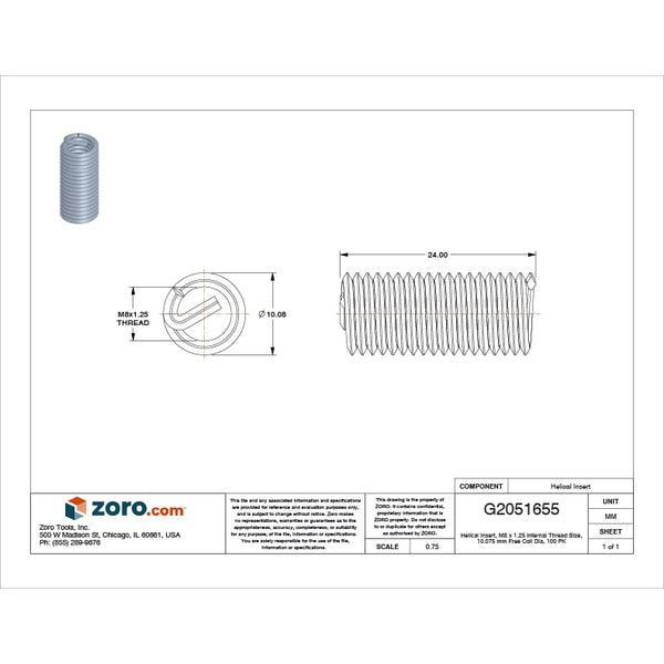 Tanged Helical Insert, Screw-Locking, M8-1.25 Thrd Sz, Nitronic 60, 100 PK