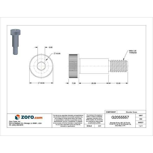Shoulder Screw, M8-1.25 Thr Sz, 13 mm Thr Lg, 20 mm Shoulder Lg, Alloy Steel, 5 PK