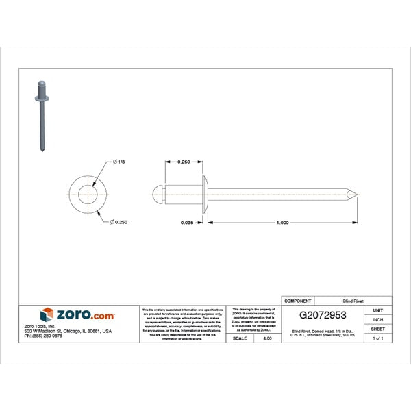 Blind Rivet, Dome Head, 1/8 in Dia., 1/4 in L, Stainless Steel Body, 500 PK
