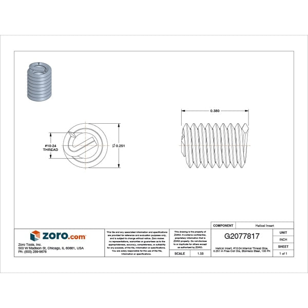 Tanged Helical Insert, Free-Running, #10-24 Thrd Sz, 18-8 Stainless Steel, 100 PK
