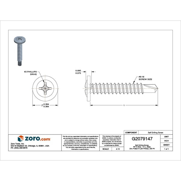 Self-Drilling Screw, #8 x 1 in, Zinc Plated Steel K-Lath Head Phillips Drive, 200 PK