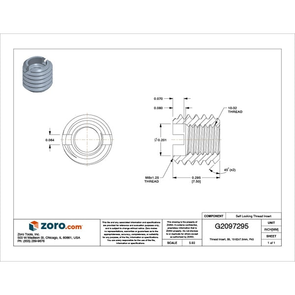 Heavy Wall Self Locking Thread Insert, #10-32 Int Thrd Sz, Carbon Steel, 5 PK