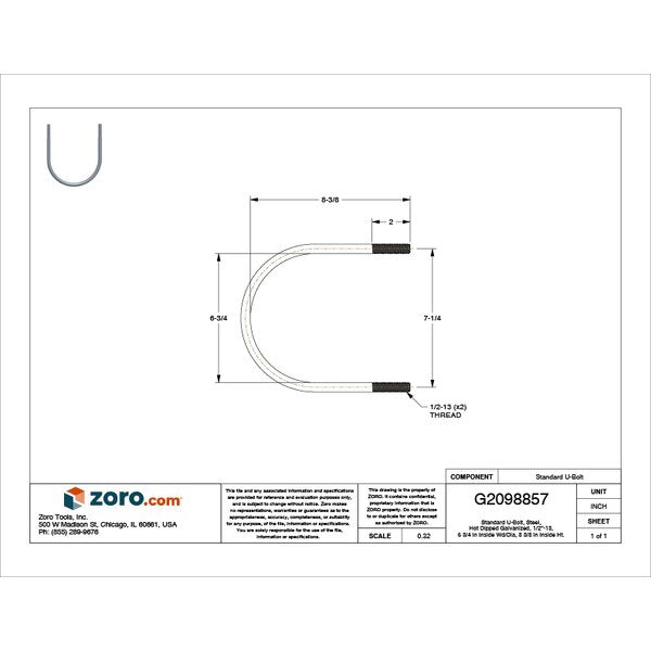 Round U-Bolt, 1/2