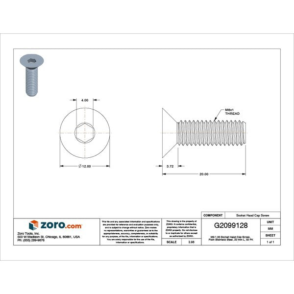 M6-1.00 Socket Head Cap Screw, Plain Stainless Steel, 20 mm Length, 50 PK