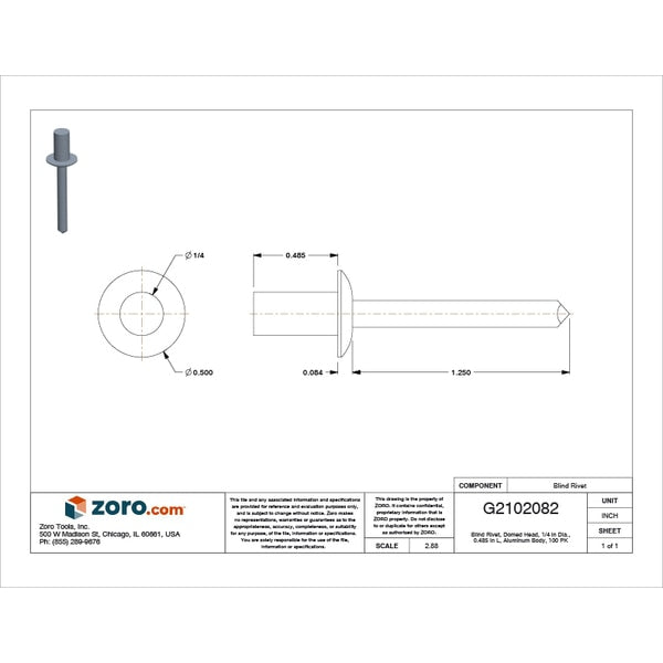 Blind Rivet, Dome Head, 1/4 in Dia., 31/64 in L, Aluminum Body, 100 PK