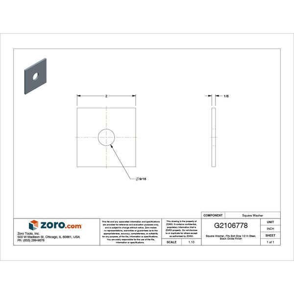 Square Washer, Fits Bolt Size 1/2 in Low Carbon Steel, Black Oxide Finish