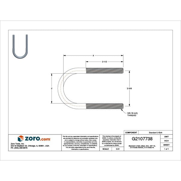Round U-Bolt, 3/8