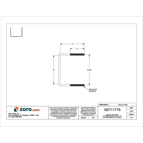 Square U-Bolt, 3/8