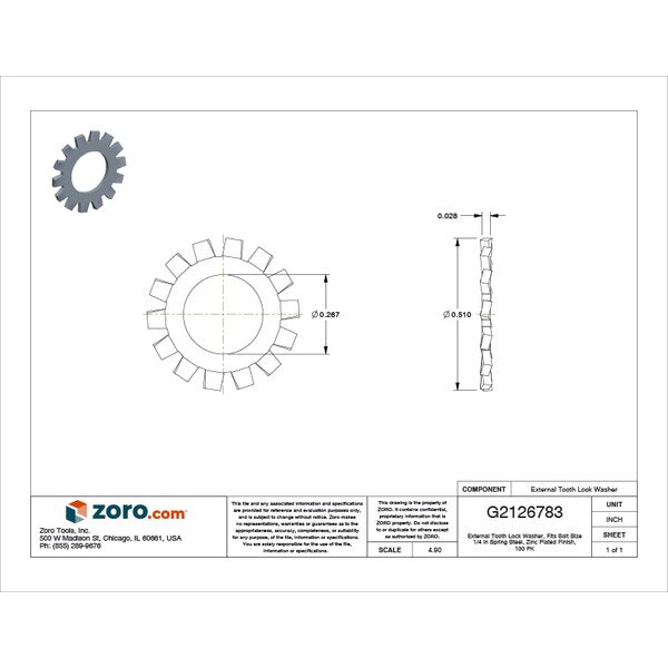 External Tooth Lock Washer, Fits Bolt Size 1/4 in Spring Steel, Zinc Plated Finish, 100 PK
