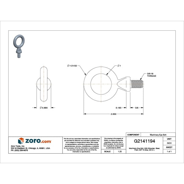 Machinery Eye Bolt With Shoulder, 3/8