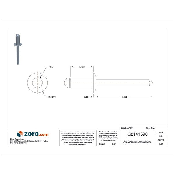 Blind Rivet, Dome Head, 3/16 in Dia., 27/64 in L, Stainless Steel Body, 250 PK