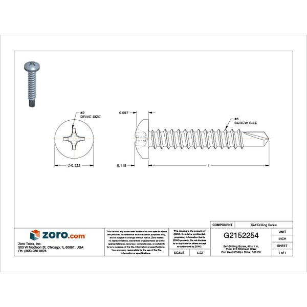 Self-Drilling Screw, #8 x 1 in, Plain 410 Stainless Steel Pan Head Phillips Drive, 100 PK