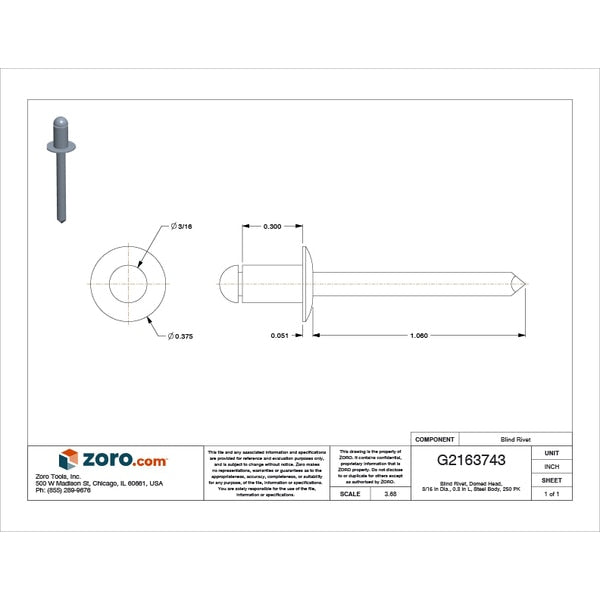 Blind Rivet, Dome Head, 3/16 in Dia., 19/64 in L, Steel Body, 250 PK