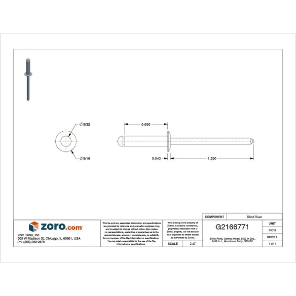 Blind Rivet, Dome Head, 5/32 in Dia., 21/32 in L, Aluminum Body, 500 PK