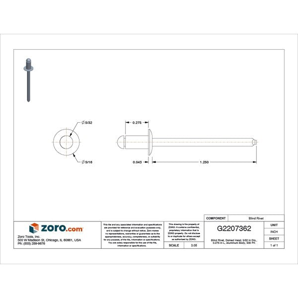 Blind Rivet, Dome Head, 5/32 in Dia., 9/32 in L, Aluminum Body, 500 PK