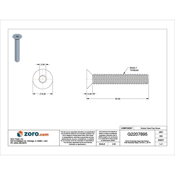 M4-0.70 Socket Head Cap Screw, Plain Stainless Steel, 25 mm Length, 25 PK