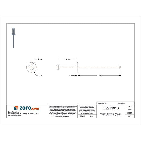 Blind Rivet, Dome Head, 1/8 in Dia., 7/16 in L, Aluminum Body, 500 PK
