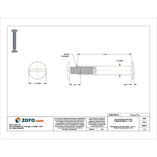 Binding Barrel, #8-32, 1 1/4 in Brl Lg, 13/64 in Brl Dia, Aluminum Plain, 25 PK