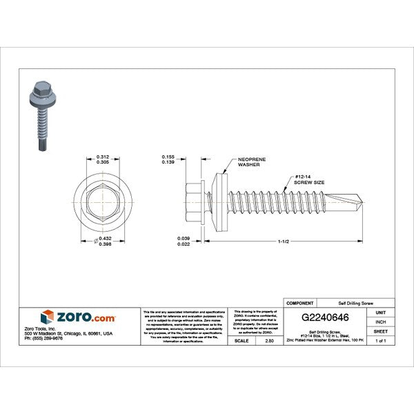 Self-Drilling Screw, #12 x 1 1/2 in, Zinc Plated Steel Hex Head External Hex Drive, 100 PK