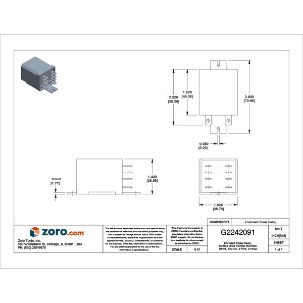 Enclosed Power Relay, Surface (Side Flange) Mounted, DPDT, 12V DC, 8 Pins, 2 Poles
