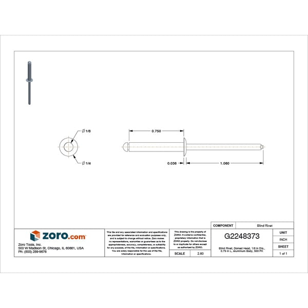 Blind Rivet, Dome Head, 1/8 in Dia., 3/4 in L, Aluminum Body, 500 PK