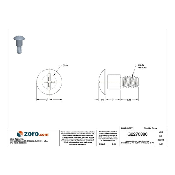 Tamper-Resistant Shoulder Screw, #10-24 Thr Sz, 5/16 in Thr Lg, 1/4 in Shoulder Lg, Steel, 25 PK