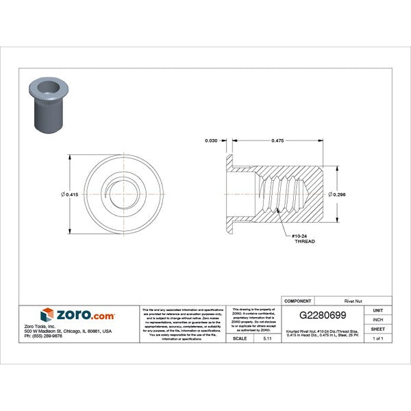 Rivet Nut, #10-24 Thread Size, 0.415 in Flange Dia., 0.475 in L, Steel, 25 PK