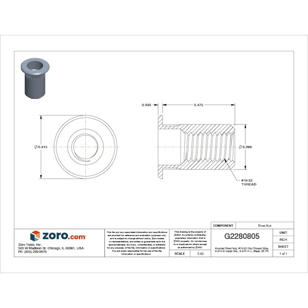 Rivet Nut, #10-32 Thread Size, 0.415 in Flange Dia., 0.475 in L, Steel, 25 PK