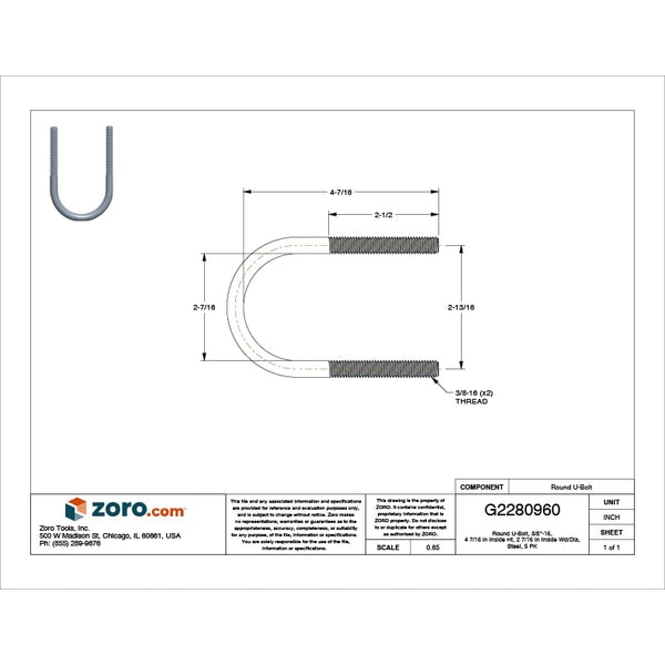 Round U-Bolt, 3/8