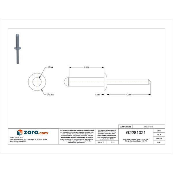 Blind Rivet, Dome Head, 1/4 in Dia., 1 in L, Aluminum Body, 100 PK