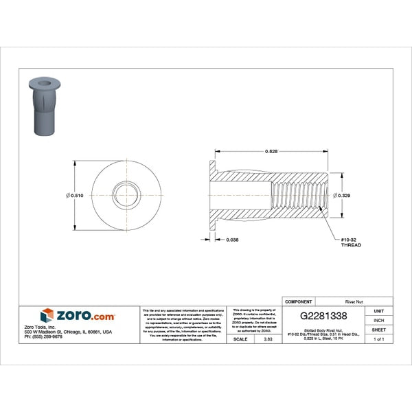 Rivet Nut, #10-32 Thread Size, 0.51 in Flange Dia., 0.828 in L, Steel, 10 PK