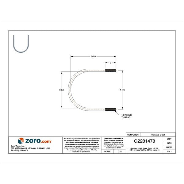 Round U-Bolt, 1/2